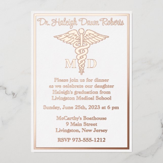 Invitation En Aluminium Caduceus Médicale School Graduation Blanc/Rose Gol (Recto)