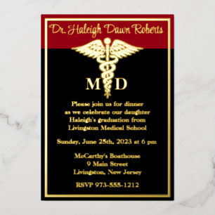 Invitation En Aluminium Caduceus Médicale School Graduation, Noir/Rouge