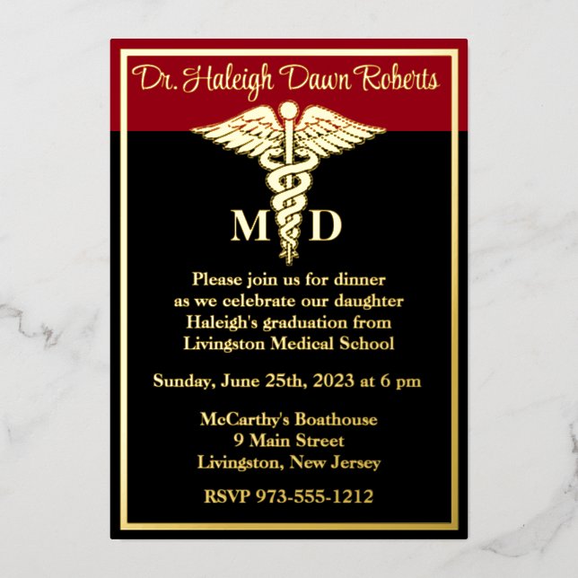 Invitation En Aluminium Caduceus Médicale School Graduation, Noir/Rouge (Recto)