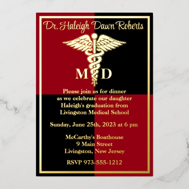 Invitation En Aluminium Caduceus Médicale School Graduation, Rouge/Noir (Recto)