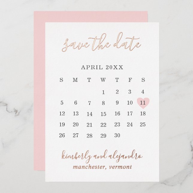 Invitation En Aluminium Calender Coeur Rose Mariage Moderne Enregistrer La (Recto/Verso)