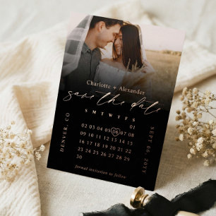 Invitation En Aluminium Calendrier de mariage photo noir minimaliste Enreg