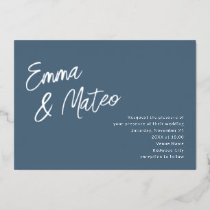Invitation En Aluminium Calligraphie au Pinceau Minimaliste Mariage Bleu P