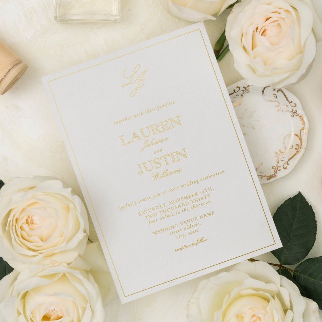 Invitation En Aluminium Calligraphie classique Monogramme Mariage Gold (Créateur téléchargé)