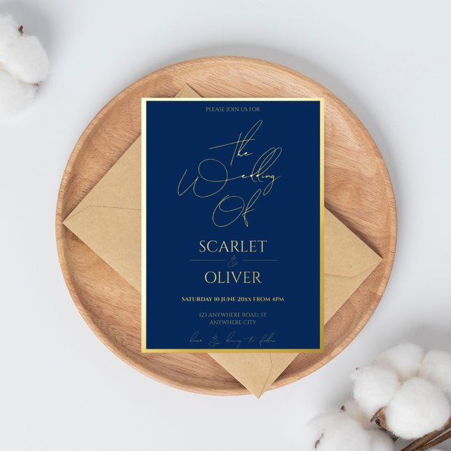 Invitation En Aluminium Calligraphie contemporaine marine et mariage d'or (Créateur téléchargé)
