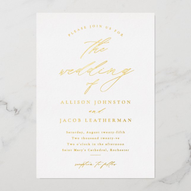 Invitation En Aluminium Calligraphie de mariage or simple script (Recto)
