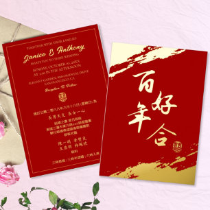 Invitation En Aluminium Calligraphie de trait d'or rouge mariage chinois