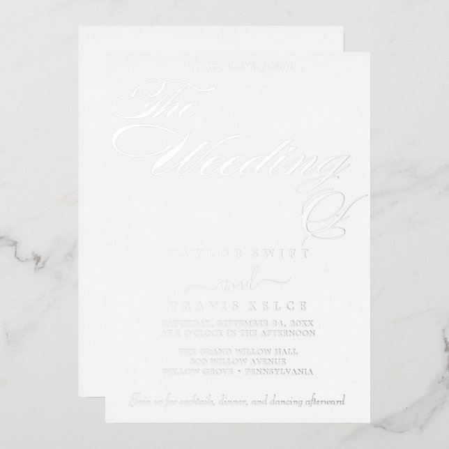 Invitation En Aluminium Calligraphie délicate en feuille d'argent | Le mar (Recto/Verso)