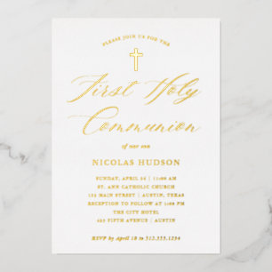 Invitation En Aluminium Calligraphie dorée et croix Première communion