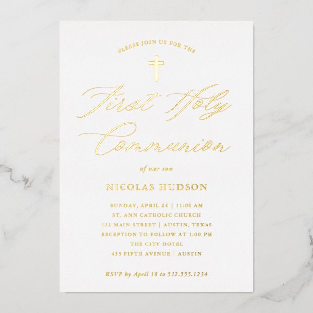 Invitation En Aluminium Calligraphie dorée et croix | Première communion (Recto)