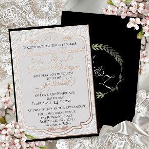 Invitation En Aluminium Calligraphie Faux Gaufrage Élégante - Blanc/Noir