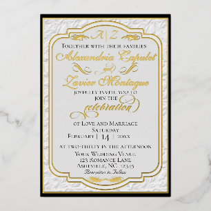 Invitation En Aluminium Calligraphie Faux Gaufrage Élégante - Blanc/Noir