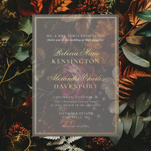 Invitation En Aluminium Calligraphie florale Moody foncé Mariage cadre or