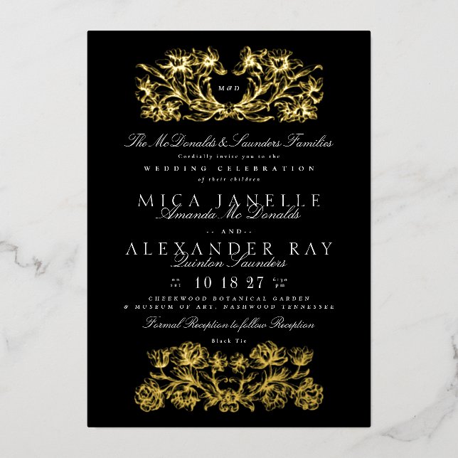 Invitation En Aluminium Calligraphie formelle Elégant Black Gold Foil (Devant)