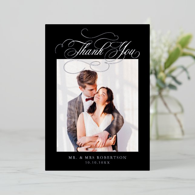 Invitation En Aluminium Calligraphie intemporelle mariage argent Merci (Debout devant)