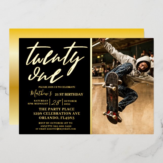 Invitation En Aluminium Calligraphie moderne Black & Gold 21'st Birthday (Recto/Verso)