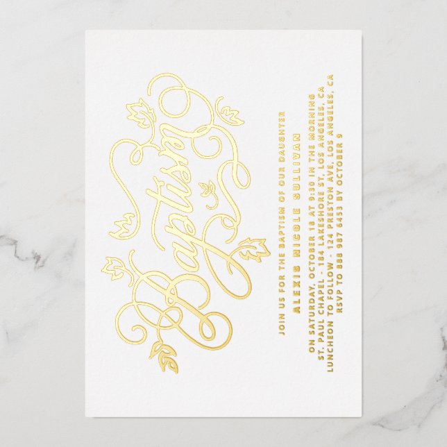 Invitation En Aluminium Calligraphie moderne lettrage feuillage baptême (Recto)