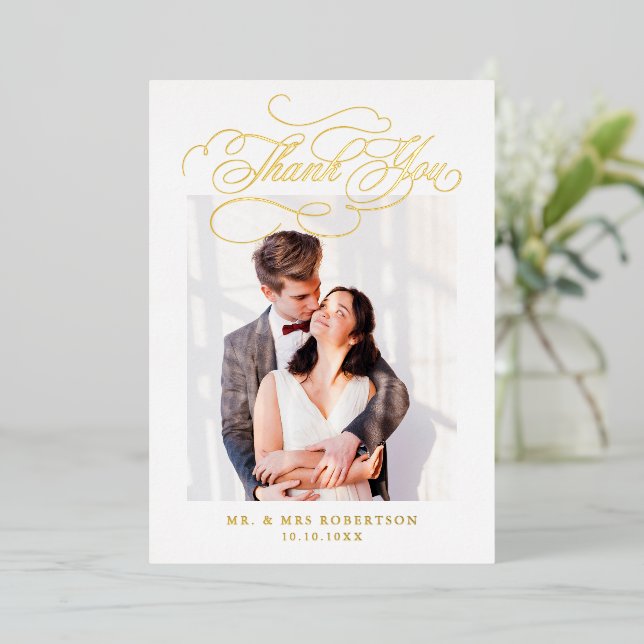 Invitation En Aluminium Calligraphie moderne mariage d'or intemporel Merci (Debout devant)