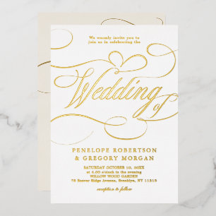 Invitation En Aluminium Calligraphie moderne mariage doré et blanc intempo