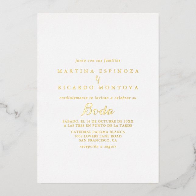 Invitation En Aluminium Calligraphie moderne Mariage espagnol  Or (Recto)
