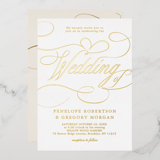 Invitation En Aluminium Calligraphie moderne or intemporel et mariage blan (Recto/Verso)