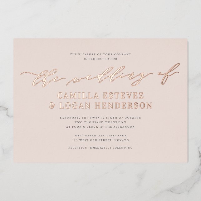 Invitation En Aluminium Calligraphie moderne Script Mariage Blush Rose or (Recto)