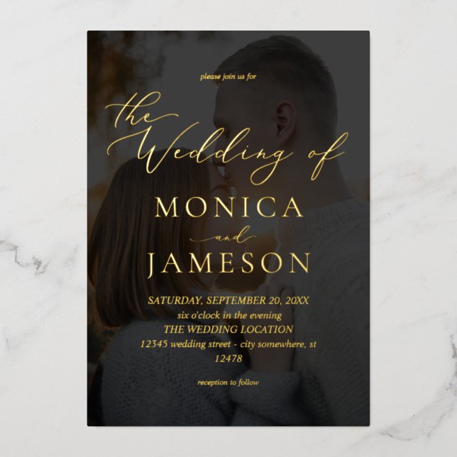 Invitation En Aluminium Calligraphie moderne V2 Mariage photo Dark (Recto)