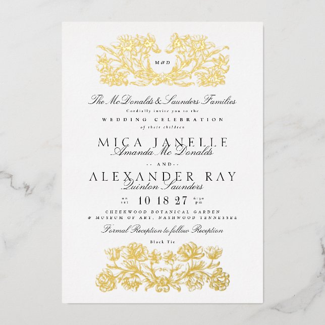 Invitation En Aluminium Calligraphie officielle Élégante huile d'or blanc (Recto)