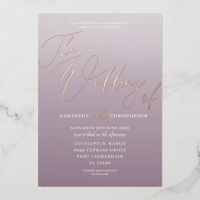 Invitation En Aluminium Calligraphie Or Rose moderne & Mauve (Recto)