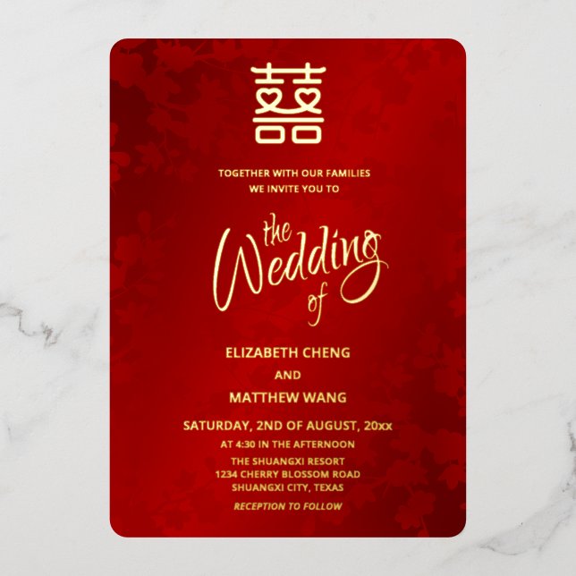 Invitation En Aluminium Calligraphie Red Gold Mariage chinois (Recto)