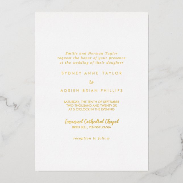 Invitation En Aluminium Calligraphie simple Mariage traditionnel Or (Recto)