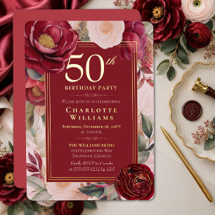 Invitation En Aluminium Camélia Floral Rouge Élégant 50e Anniversaire Or