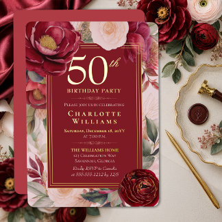 Invitation En Aluminium Camélia Floral Rouge Élégant 50e Anniversaire Or