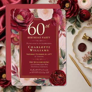 Invitation En Aluminium Camélia Floral Rouge Élégant 60e Anniversaire Or