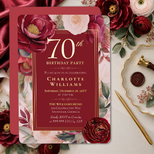 Invitation En Aluminium Camélia Floral Rouge Élégant 70e Anniversaire Or