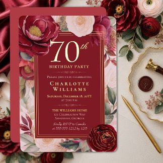 Invitation En Aluminium Camélia Floral Rouge Élégant 70e Anniversaire Or