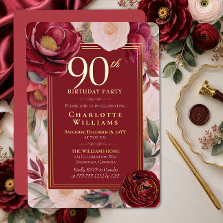 Invitation En Aluminium Camélia Floral Rouge Élégant 90e Anniversaire Or