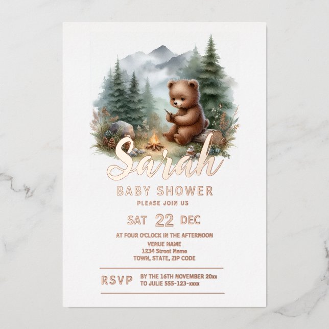Invitation En Aluminium Camping Baby Bear in the Woods Baby shower (Recto)