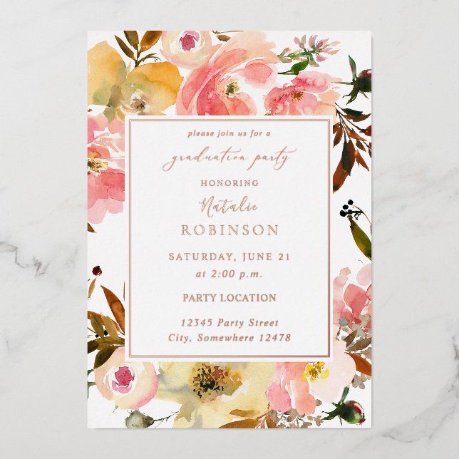 Invitation En Aluminium Candy Pink & Jaune Floral Graduation Party (Recto)
