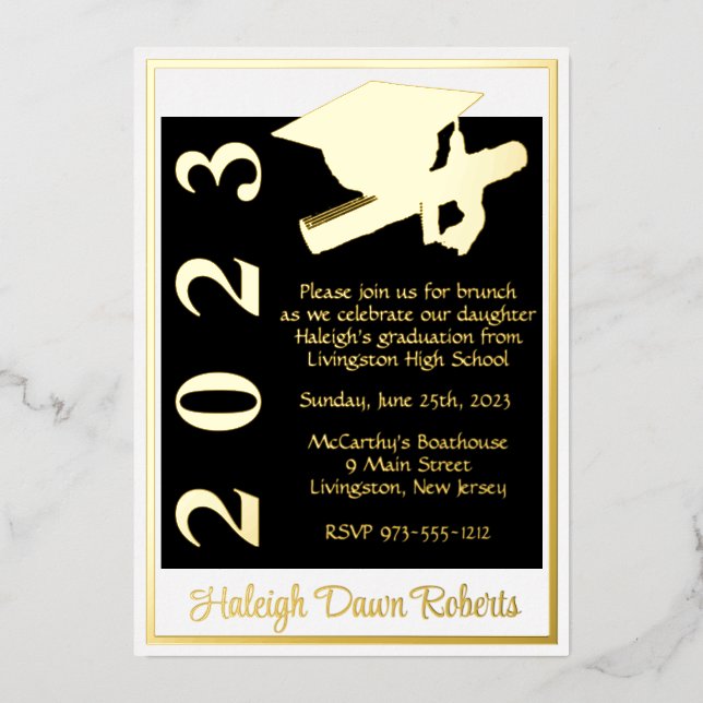 Invitation En Aluminium Cap & Diplôme, Blanc, Noir & Or Graduation (Recto)