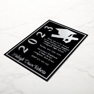 Invitation En Aluminium Cap & Diplôme, Dégraduation Noir & Argent