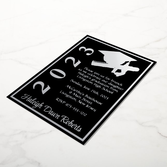 Invitation En Aluminium Cap & Diplôme, Dégraduation Noir & Argent (Rotation)