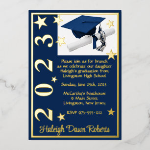 Invitation En Aluminium Cap, Diplôme, & Étoiles, Bleu foncé & Doré pour la