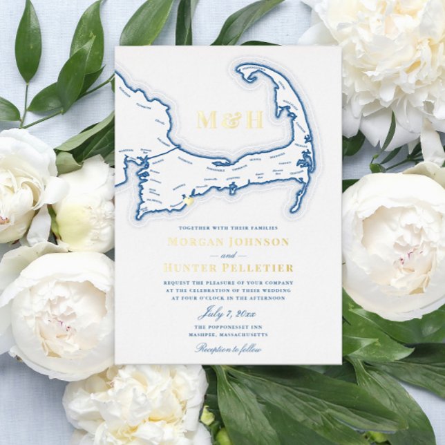 Invitation En Aluminium Cape Cod Mariage Elegant Marine et Or (Elegant Cape Cod Map wedding invitation with gold foil monogram and a tiny heart over the town)