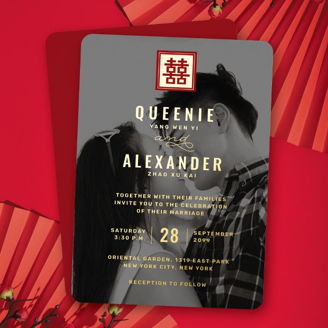 Invitation En Aluminium Carré Rouge Double Bonheur Photo Mariage chinois (Red/Gold Classic Square Double Happiness Chinese Wedding Real Foil Photo Invite @ fatfatin_red_knot)