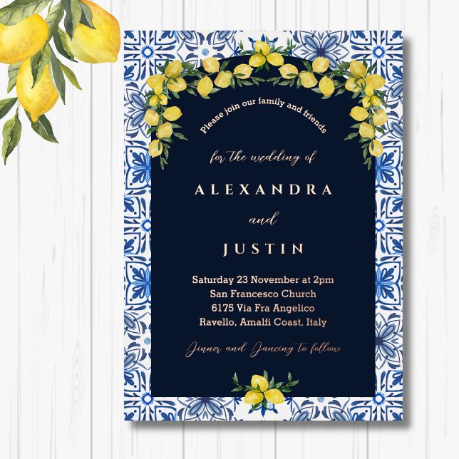 Invitation En Aluminium Carrelage bleu Citron italien Mariage méditerranée (Créateur téléchargé)