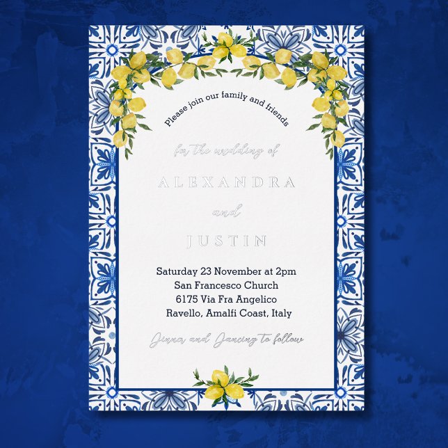 Invitation En Aluminium Carrelage bleu Citron méditerranéen Mariage italie (Créateur téléchargé)