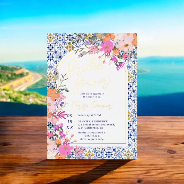 Invitation En Aluminium Carrelage bleu italien aquarelle fleurie douche nu (Italian blue tiles watercolor floral bridal shower foil invitation)