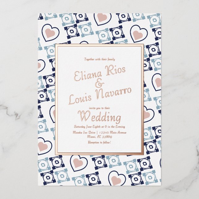 Invitation En Aluminium Carrelage mexicain Coeur Talavera Mariage bleu pre (Recto)
