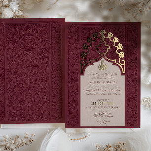 Invitation En Aluminium Carton de mariage islamique Royal Burgundy Lace